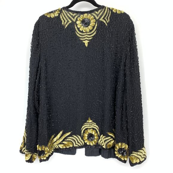 Vintage Silk Sequin Beaded Jacket Womens XL Open Front Evening Top Black Gold - Picture 2 of 6